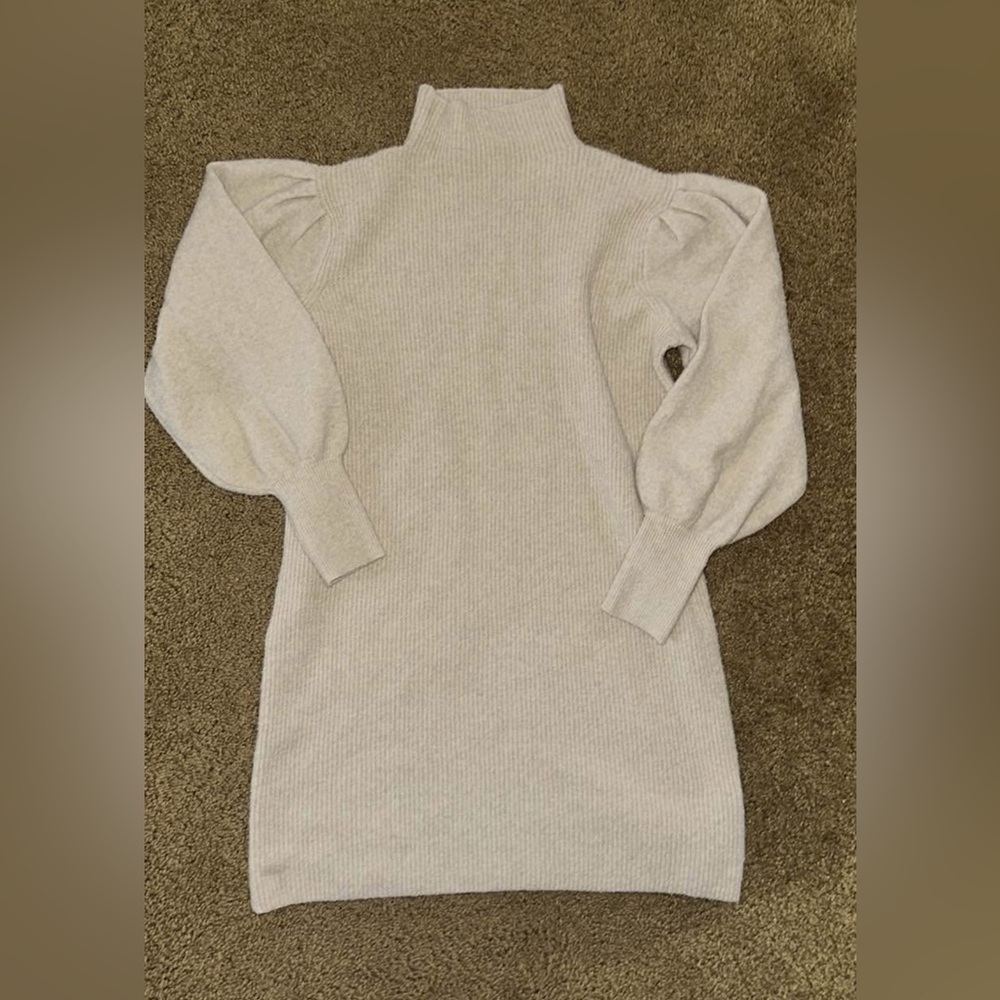 Cream Ribbed Turtleneck Sweater Dress